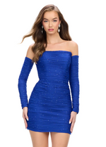 This cocktail dress features a ruched and fitted silhouette with a strapless neckline. The detached long sleeves and heat-set stones, make this dress one of a kind. Choose this stunning dress for your next homecoming or formal event.  Ashley Lauren 4698