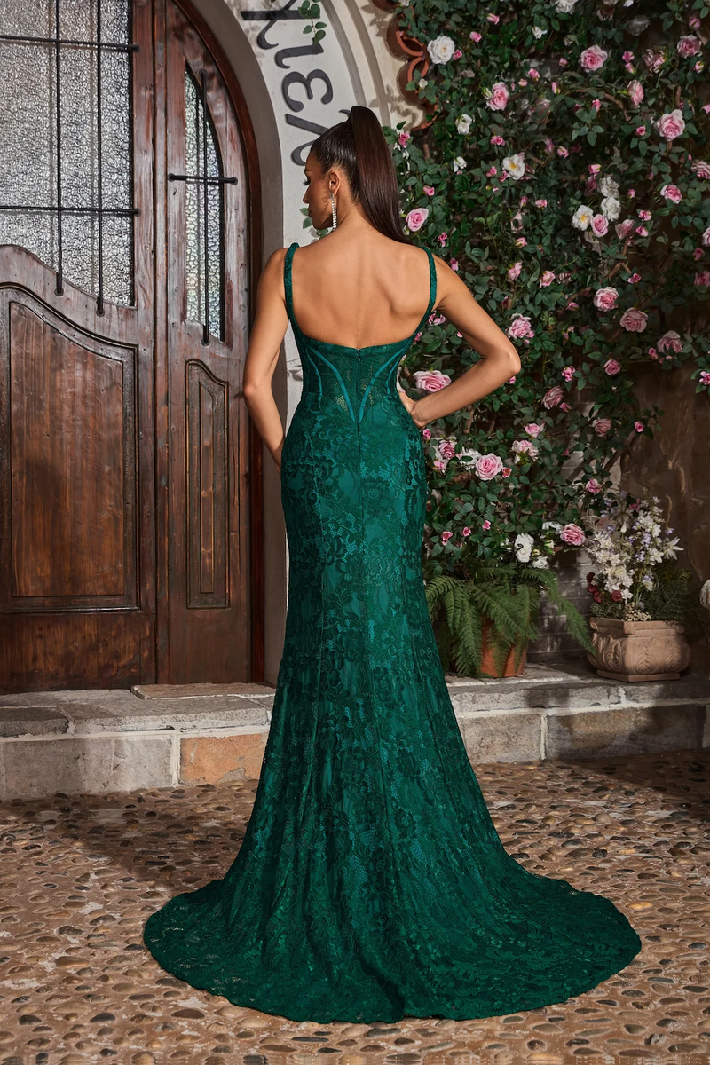 This dress features a square neckline with 1-inch straps, lace fabric and a fitted silhouette with a slit. This dress is a stunning choice for your next prom or formal event.

JAD J26035