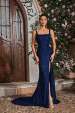 This dress features a square neckline with 1-inch straps, lace fabric and a fitted silhouette with a slit. This dress is a stunning choice for your next prom or formal event.

JAD J26035