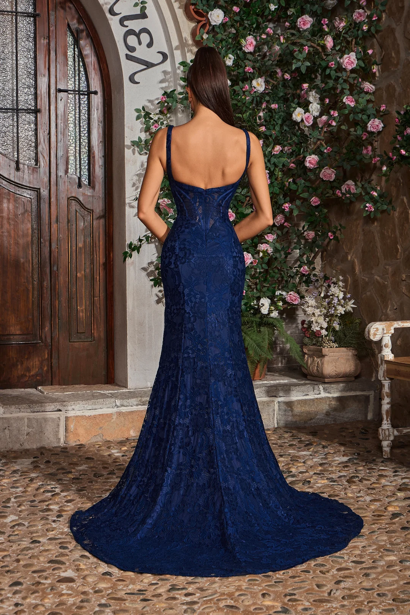 This dress features a square neckline with 1-inch straps, lace fabric and a fitted silhouette with a slit. This dress is a stunning choice for your next prom or formal event.

JAD J26035