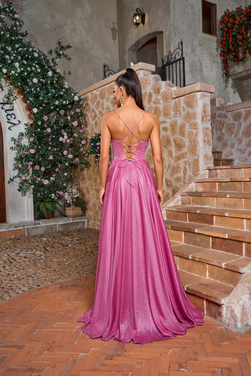 This dress features a boat neckline, spaghetti straps with an open lace-up back. The A-line silhouette with a slit allows for beautiful movement, perfect for your next prom or formal event.&nbsp;

JAD J26014