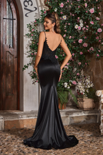 This dress features a V-neckline with spaghetti straps, a fitted silhouette and a bodice that has lace detailing on the hips leading to the back of the gown. This is an elegant choice for your next prom or formal event.

JAD J26038