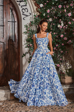 This dress features a square neckline with 1-inch straps, a lace-up back, an A-line silhouette with pockets. The floral print is vibrant and has a bold design impact. It may be the perfect gown for your next prom or formal event!

JAD J26043