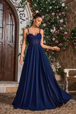 This dress features a sweetheart neckline with spaghetti straps and a lace-up back. The bodice is embellished with lace applique and corset boning with an A-line silhouette. This dress may be perfect for your next prom or formal event.

JAD J26026