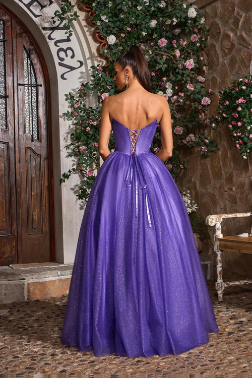 This gown features a strapless neckline with a lace-up back, a bodice with corset boning and a glitter tulle skirt A-line skirt. This fairytale dress may be ideal for your next prom or formal event.&nbsp;

JAD J26008