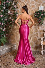 This dress features a boat neckline with spaghetti straps and an open lace-up back. The fitted silhouette has ruched detailing on the waistline as well as a slit in the skirt. This dress is classic and could be styled to make it your own at your next prom or formal event!

JAD J26012