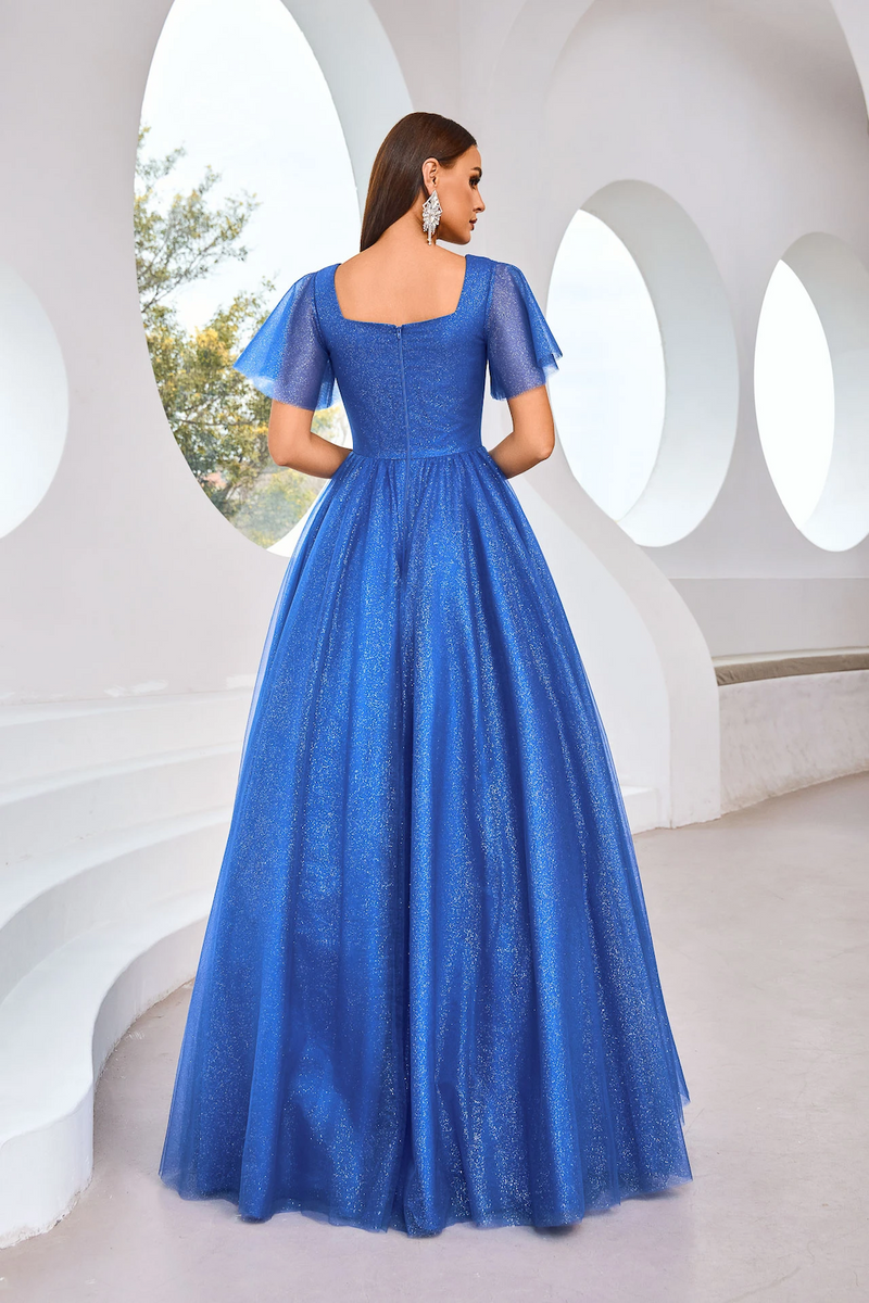 This modest dress features a square neckline with butterfly sleeves, an A-line silhouette with a covered back, and glitter tulle fabric. This dress may be perfect for your next prom or formal event.

JAD J25002