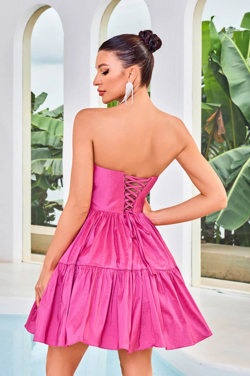 This dress features a strapless neckline with a lace-up back, and an A-line silhouette with taffeta fabric. Style this dress to make it your own at your next homecoming, sweethearts or formal event.  JAD J24077