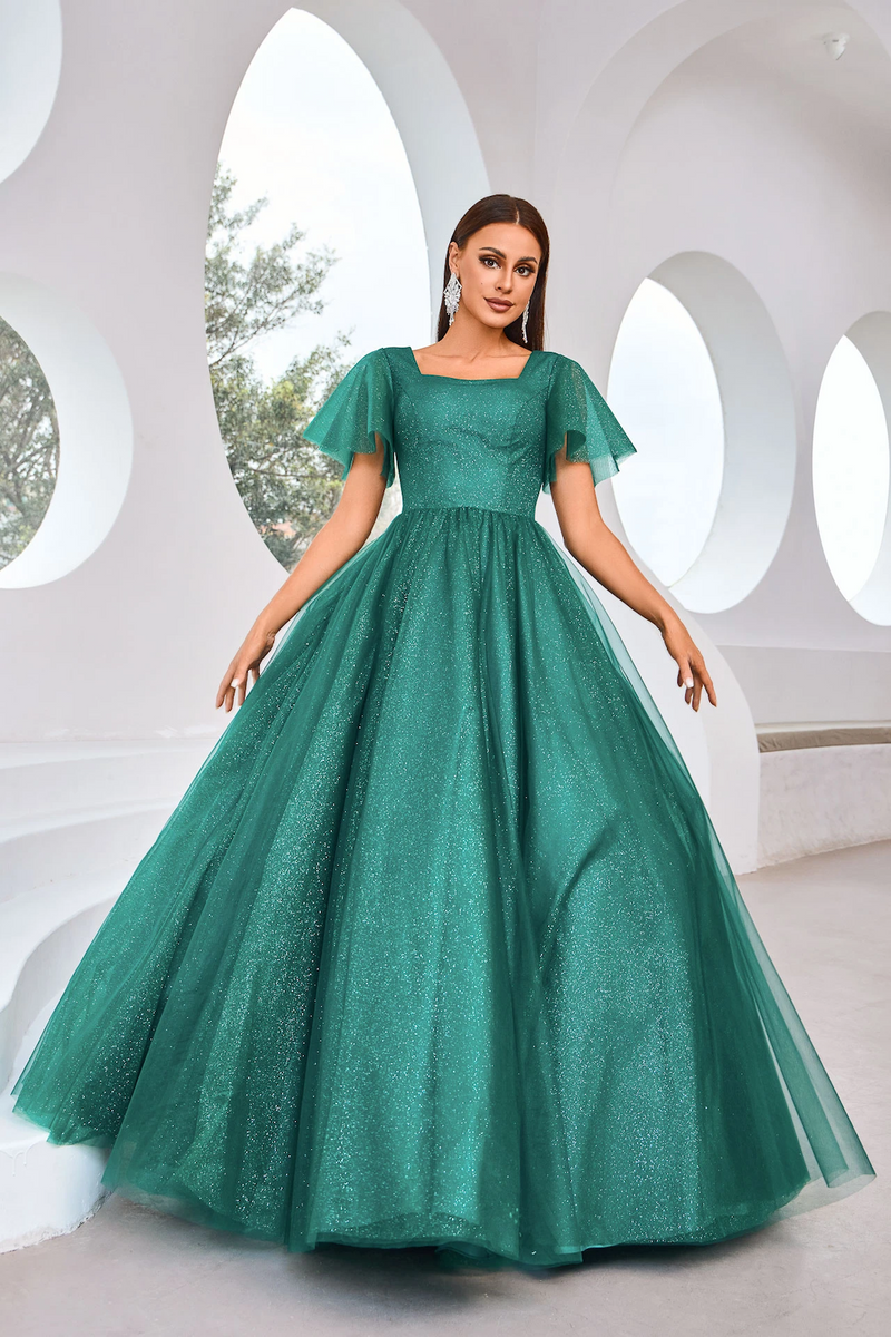 This modest dress features a square neckline with butterfly sleeves, an A-line silhouette with a covered back, and glitter tulle fabric. This dress may be perfect for your next prom or formal event.

JAD J25002