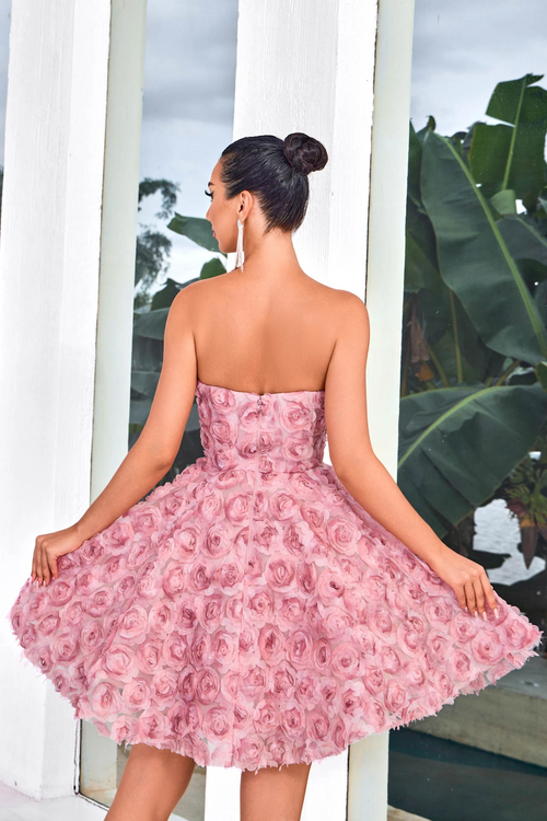This dress features a strapless sweetheart neckline with an A-line silhouette and 3D florals that provide a unique texture and romantic aesthetic. This dress could be ideal for your next homecoming or sweethearts dance.&nbsp;  JAD J24083