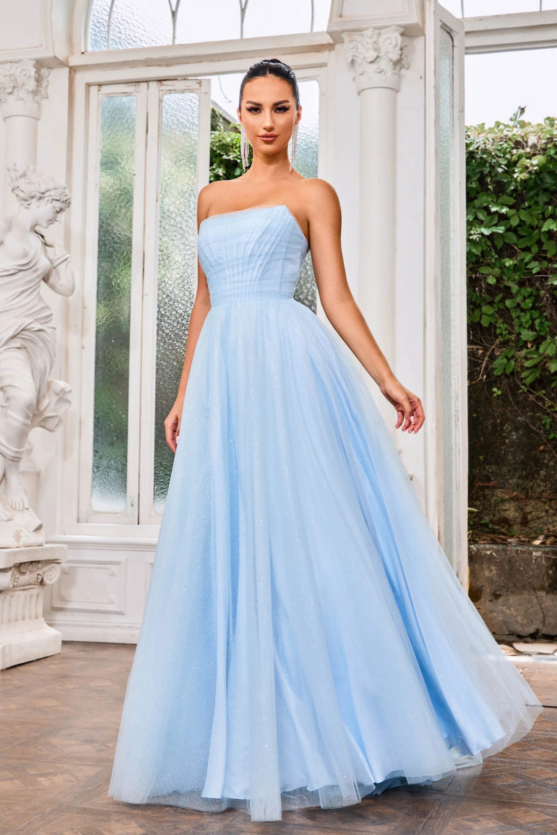 This dress features a strapless neckline with a lace-up back and an A-line silhouette. The glitter tulle fabric adds a touch of glam to this classic design. Style this dress to make it your own at your next prom or formal event.

JAD J24004