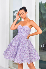 This dress features a strapless sweetheart neckline with an A-line silhouette and 3D florals that provide a unique texture and romantic aesthetic. This dress could be ideal for your next homecoming or sweethearts dance.&nbsp;  JAD J24083