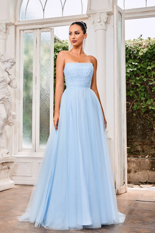 This dress features a strapless neckline with a lace-up back and an A-line silhouette. The glitter tulle fabric adds a touch of glam to this classic design. Style this dress to make it your own at your next prom or formal event.

JAD J24004