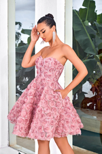 This dress features a strapless sweetheart neckline with an A-line silhouette and 3D florals that provide a unique texture and romantic aesthetic. This dress could be ideal for your next homecoming or sweethearts dance.&nbsp;  JAD J24083