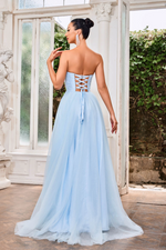 This dress features a strapless neckline with a lace-up back and an A-line silhouette. The glitter tulle fabric adds a touch of glam to this classic design. Style this dress to make it your own at your next prom or formal event.

JAD J24004